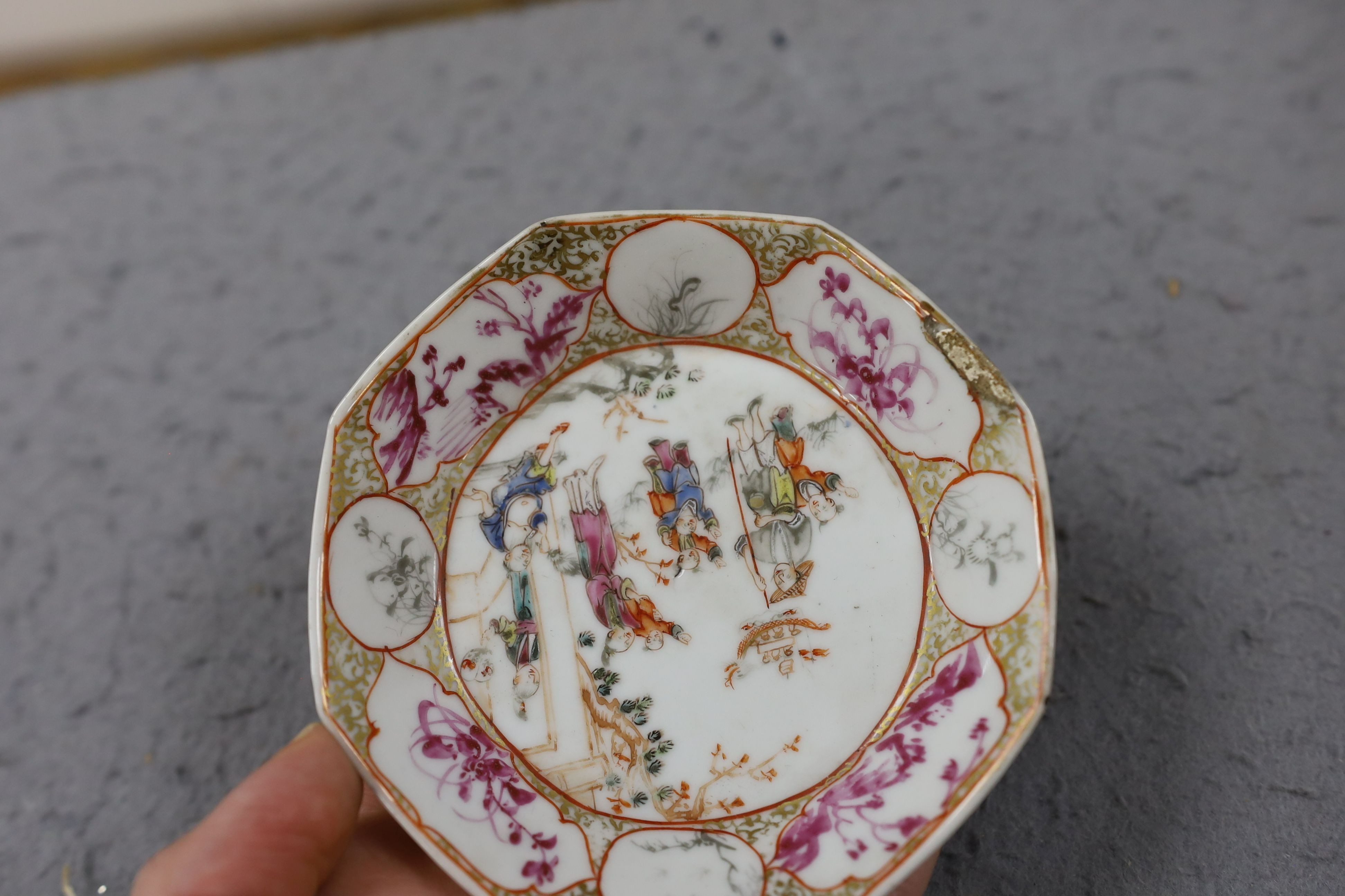 A group of four 18th century Chinese export famille rose saucers